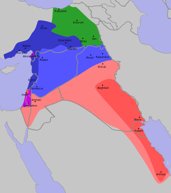 "Sykes-Picot" by Rafy - http://www.jewishvirtuallibrary.org/jsource/History/sykesmap1.htmlhttp://books.google.nl/books?id=8WX6BZAmtx4C&pg=PA48. Licensed under CC BY-SA 3.0 via Commons - https://commons.wikimedia.org/wiki/File:Sykes-Picot.svg#/media/File:Sykes-Picot.svg
